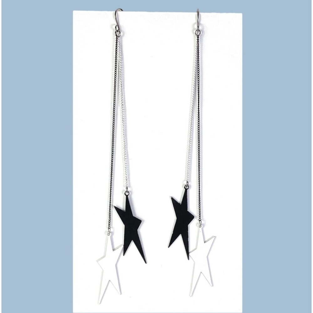Black White Star Dangle Earrings Long Chain Drop Charms Punk Goth Hooks Jewelry